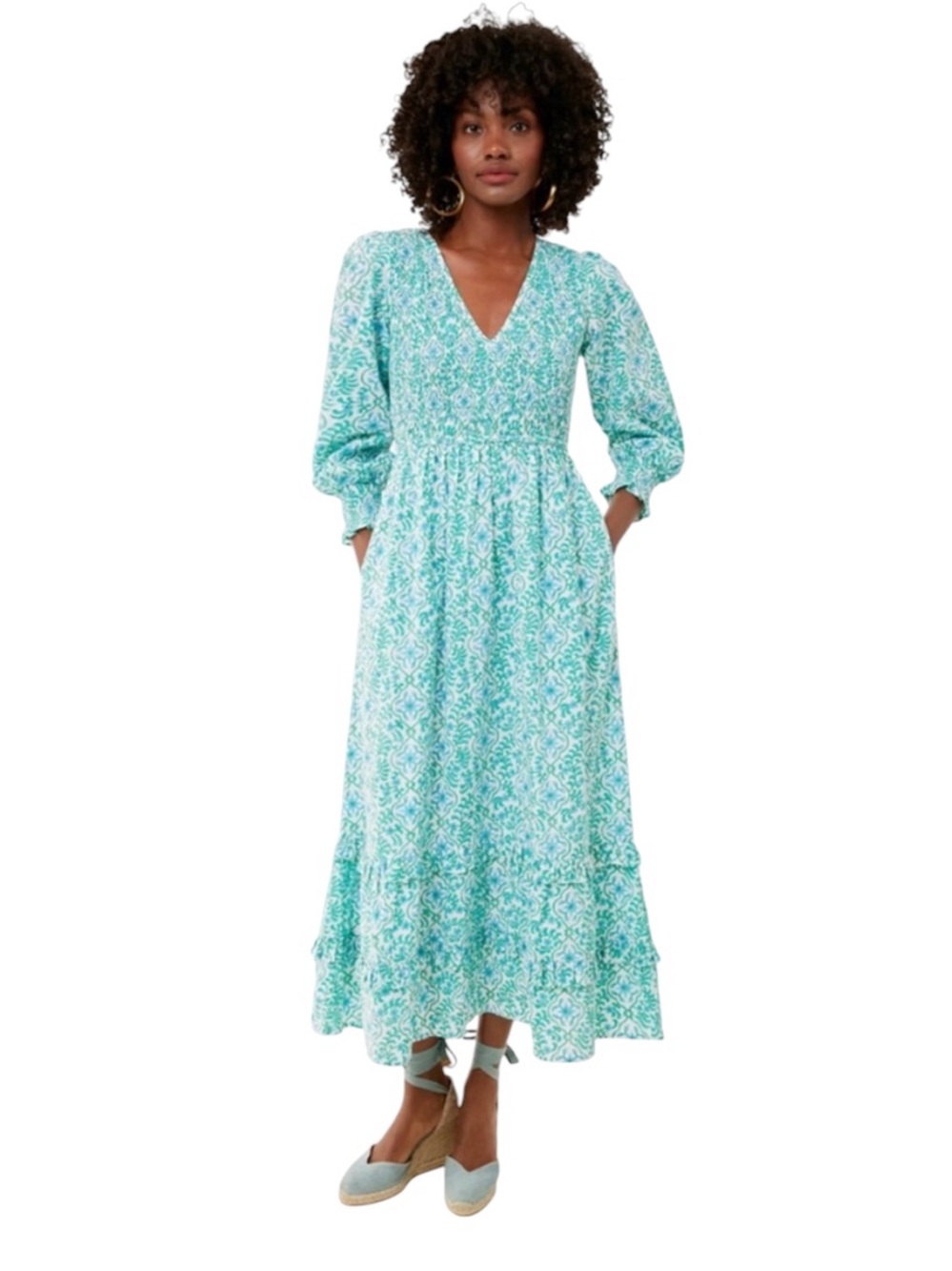 Pink City Prints x Tuckernuck Isabel V-Neck dress. Mint trellis. M. EUC